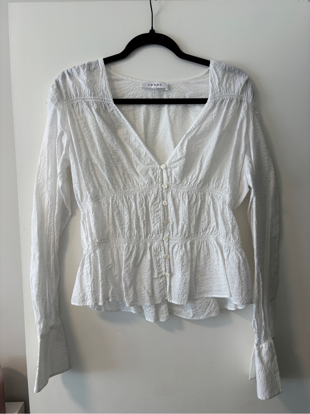 Frame Denim 100% cotton White Textured Button-Front Peplum Blouse